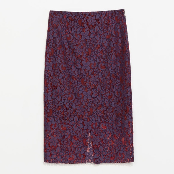 zara • red purple mauve two tone floral lace side zip midi work skirt • m - Picture 2 of 14